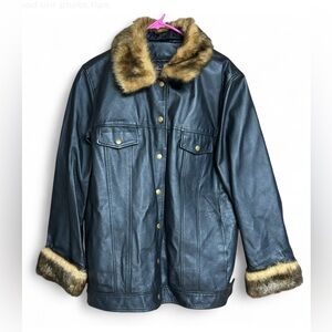 Terry Lewis Vintage Black Leather Removable Fur Lining Coat Jacket Sz L Womens
